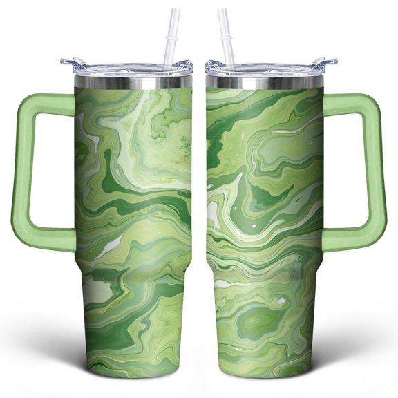 Green Marble Gradient 30 Oz Tumbler with Handle Lid and Straw, Stainless Steel Double Walled Vacuum Insulated Cup, Cute Anniversary Wedding Birthday Gifts Tumbler for Women Men Friends Outdoor Indoor