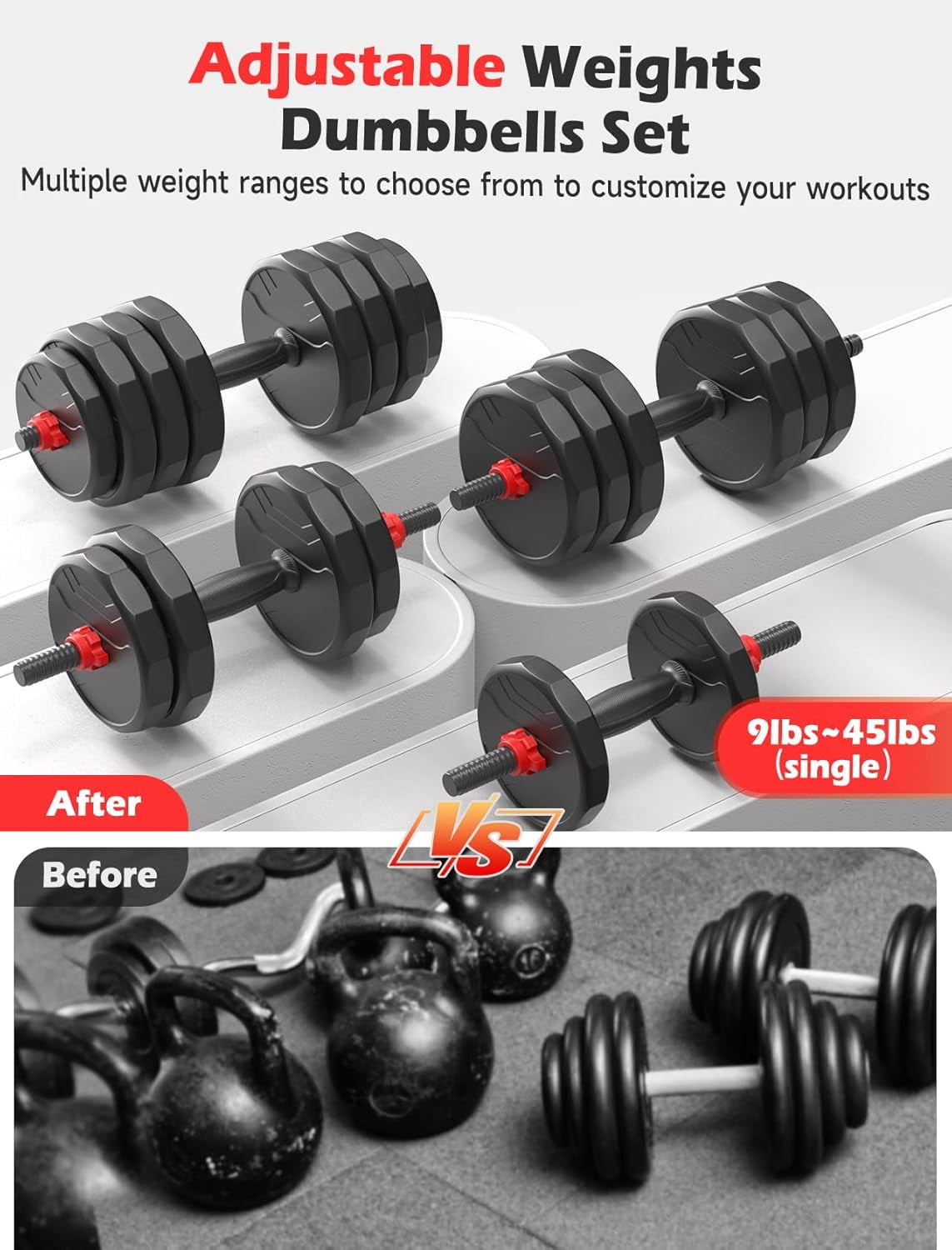 90lbs Free Weight Set with Connector, 5 in1 Dumbbells Set Used as Barbell, Kettlebells, Push up Stand, Fitness Exercises for Home Gym Suitable Men/Women