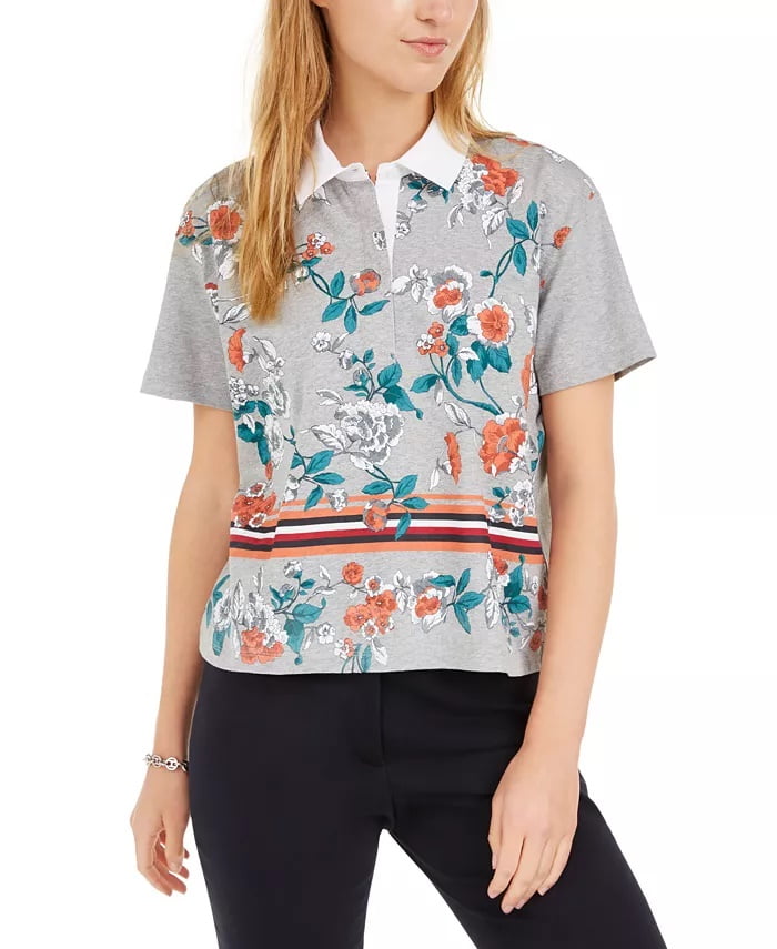Tommy Hilfiger - Tommy Hilfiger Cotton Cropped Floral Polo Shirt Gray Size Large - Walmart.com - Walmart.com
