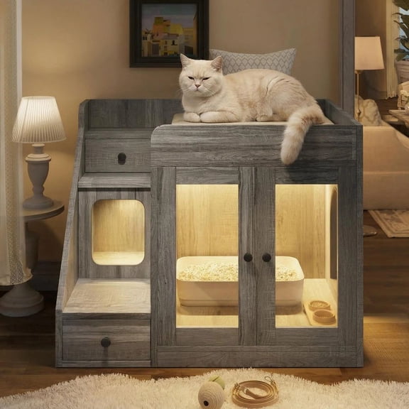 MINESTIA  Cat Litter Box Enclosure with Light, Hidden Litter Box Furniture with 2 Storage Drawers, Indoor Cat House Side Table for Living Room
