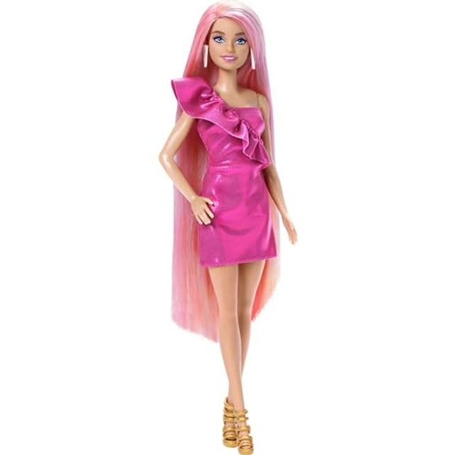 Barbie Doll, Fun & Fancy Hair with Extra-Long Colorful Blonde Hair and Glossy Pink Dress, 10 Hair and Fashion Play Accessories