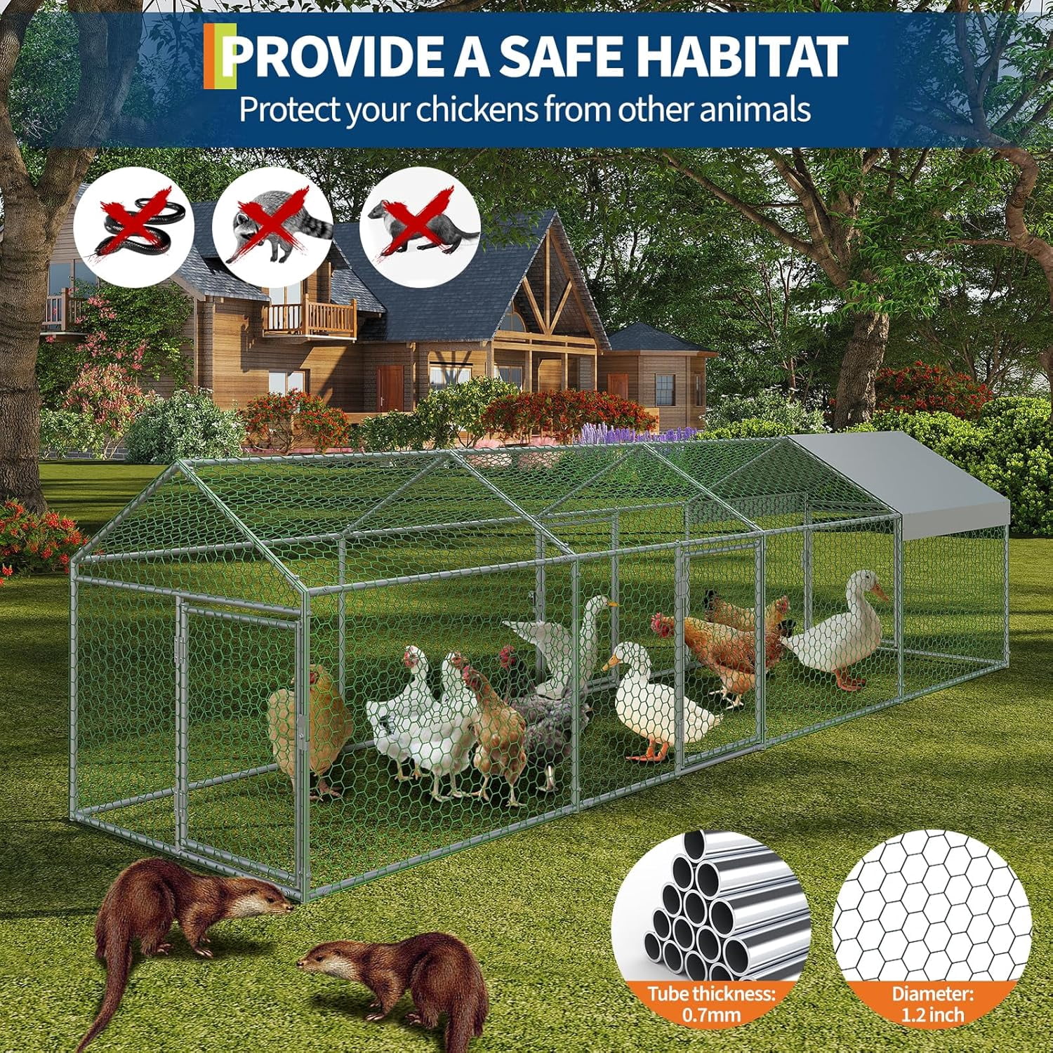 ChaoLink Large Metal Chicken Coop with Waterproof & Anti-UV Cover – 160x40x40 Inches Outdoor Hen House with 4 Doors for Yard, Rabbit, Duck & Goose