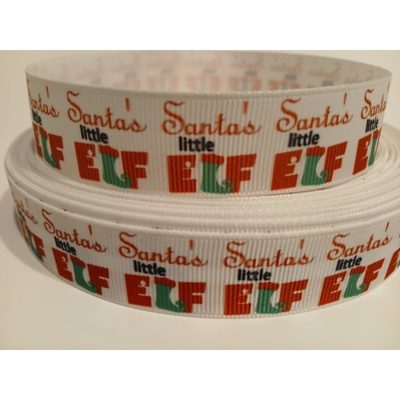 Grosgrain Ribbon Printed Christmas Santa's Little Elf, 3 Yards (9 Feet) 7/8 Inch Wide