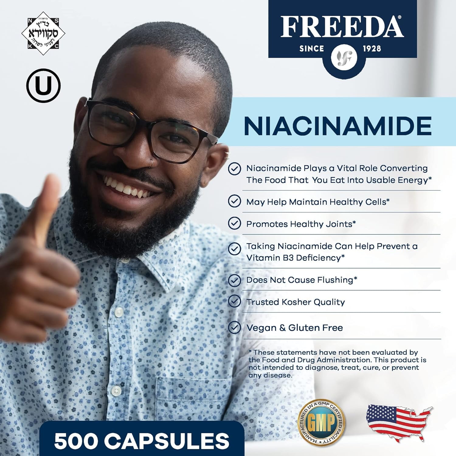 Freeda Niacinamide 250 mg – No Flush Vitamin B3 Supplement | Nicotinamide for Energy & Cell Support | Vegan, Gluten Free | 500 Capsules