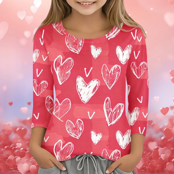 Toddler Girls Summer Casual Tops Crew Neck T Shirts Valentine's Day Long Sleeve Heart Print Casual School Shirts Size 4-5T , Pink