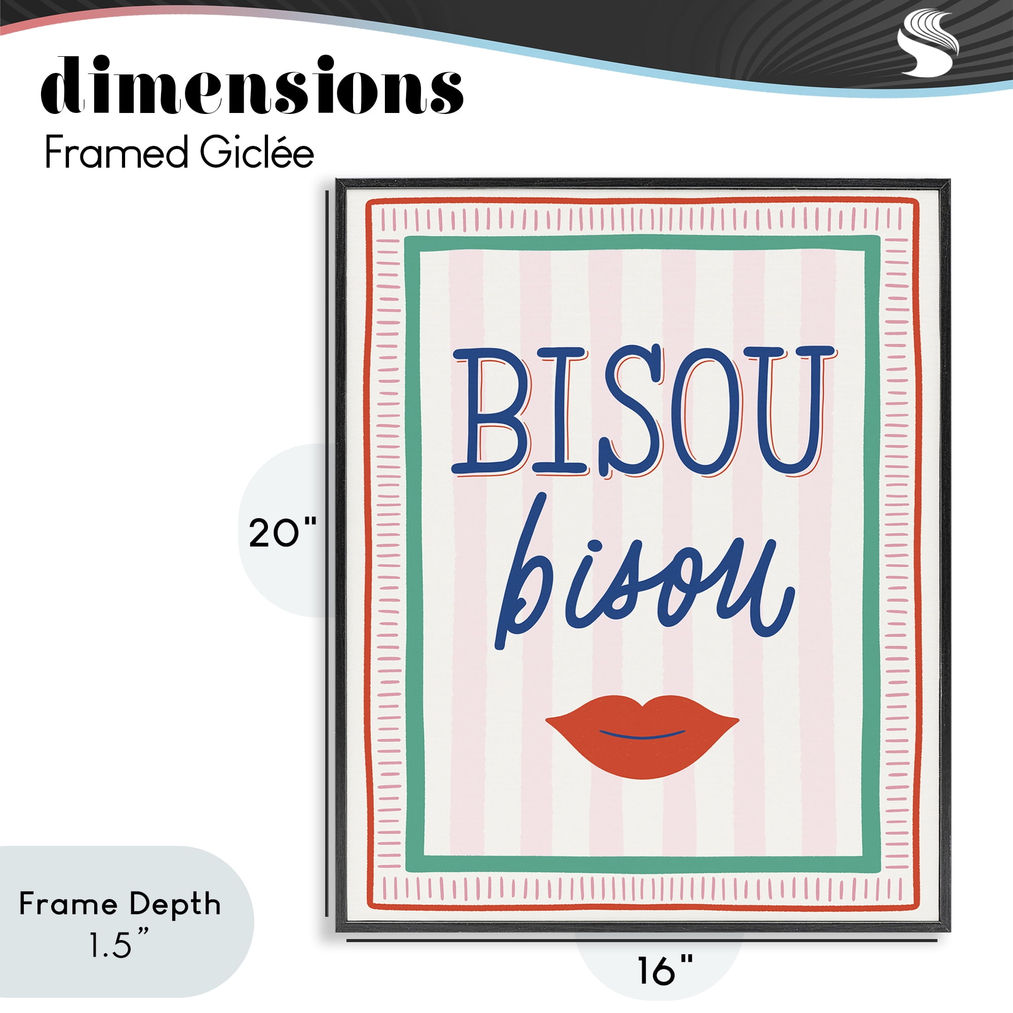 Stupell Industries Bisou Kiss over Stripes Black Framed Giclee Art, design by Jalynn Heerdt