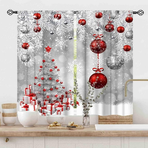 Christmas TRE Curtains for Living Room, Red Silver Xmas Merry Christmas Fir Twigs Ball New Year Winter Snow Holiday Party Decor Window Drapery for Bedroom Kitchen Bathroom Nursery Home, 55x39 Inch