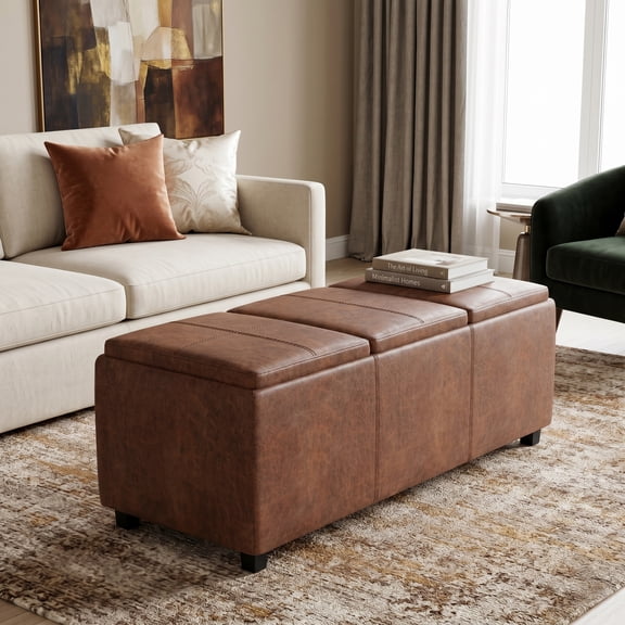Avalon 42 inch Wide Contemporary Storage Ottoman in Distressed Saddle Brown Vegan Leather