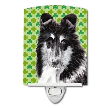 Black and White Collie Lucky Shamrock St. Patricks Day Ceramic Night Light
