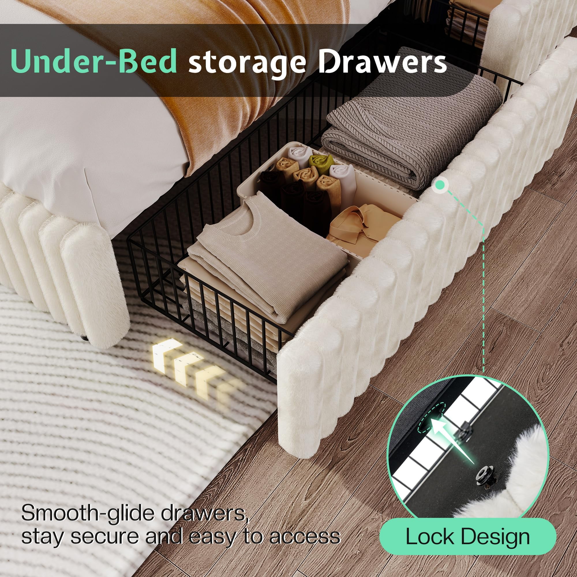 VanAcc Queen Size Storage Bed Frame with 51.2" Tall Upholstered Headboard, Built-in 6 Drawers & Bookcase, USB Ports & RGB LED Lights, Cream
