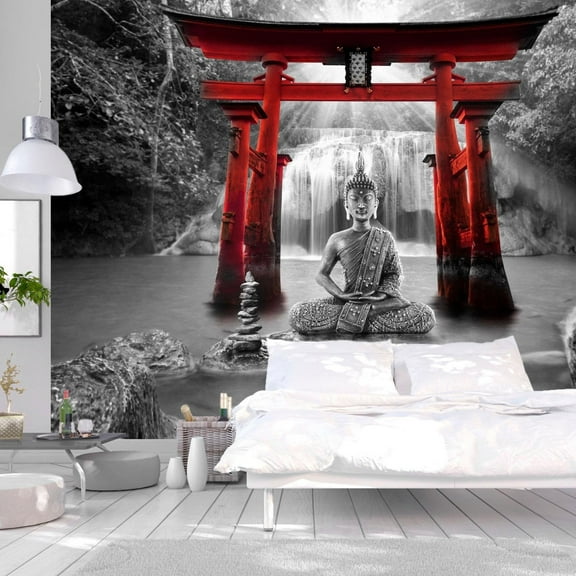 Tiptophomedecor Peel and Stick Zen Wallpaper Wall Mural - Buddha Temple Red - Removable Wall Decals
