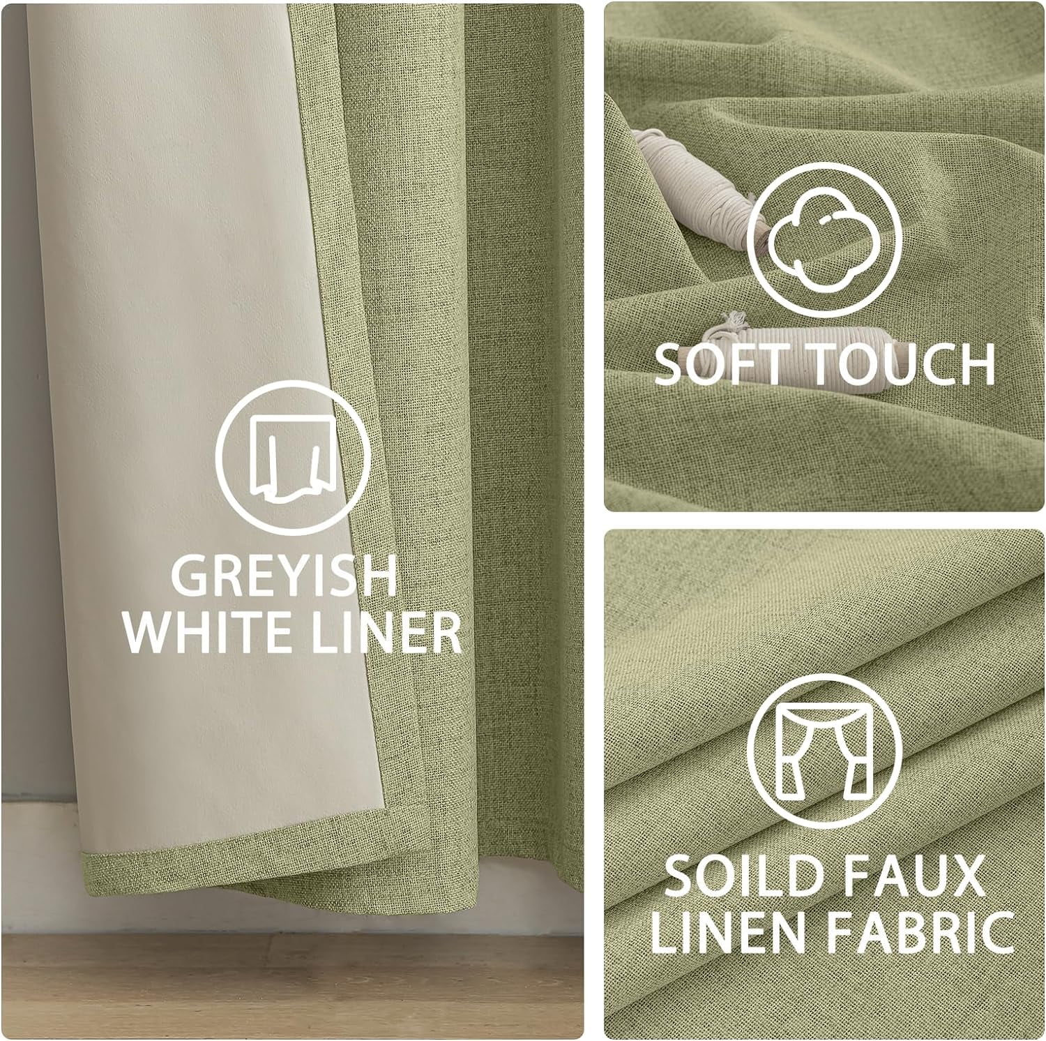 Yakamok Sage Green Linen Curtains 100% Blackout 84 Inches Long,Room Darkening Textured Curtains for Living Room Thermal Grommet Bedroom Curtains 2 Panels with Greyish White Liner