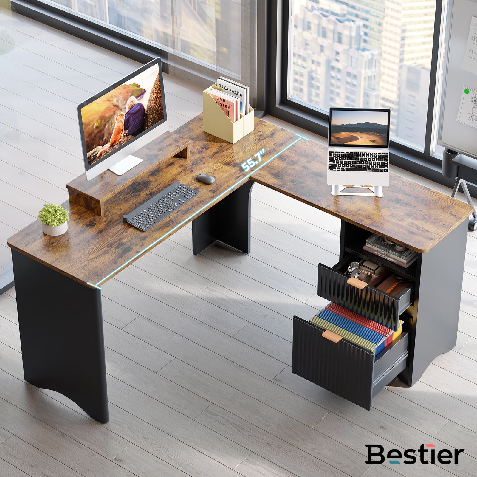 Bestier L Shaped Desk with Drawers, 55.7" x 55" Office Computer Desk with Round Corners, Monitor Stand & Fluted Panels, Black & Rustic Brown