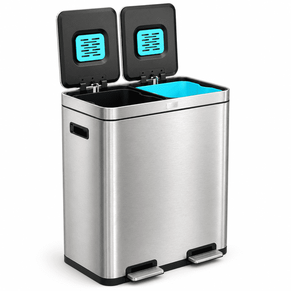 Home Zone Living 16 Gallon Kitchen Trash Can with CleanAura and Dual Compartments, Stainless Steel, Silver