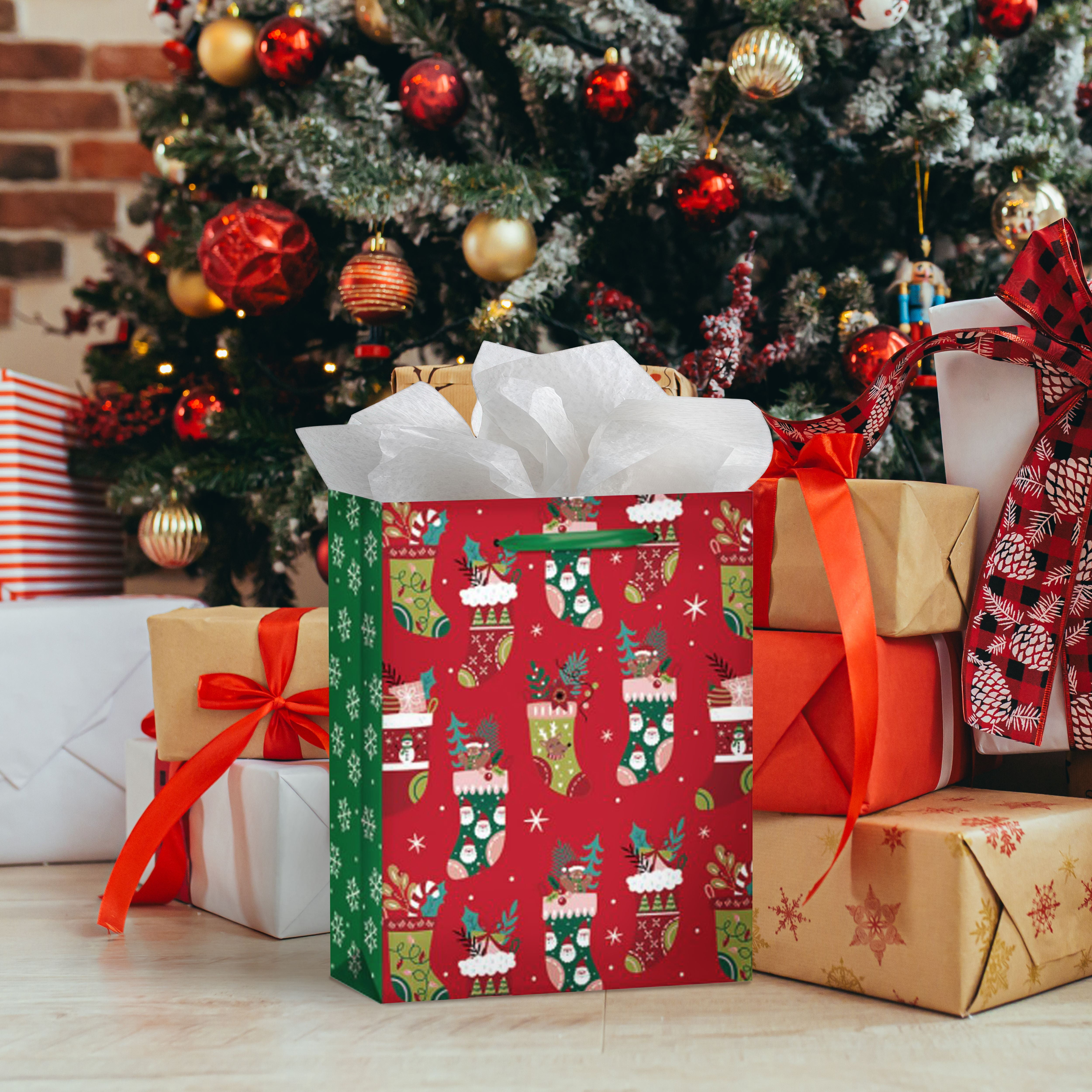 Holiday Time Glitter Gift Bag with Stocking Pattern, CHRISTMAS GIFT BAG WITH STOCKING PATTERN