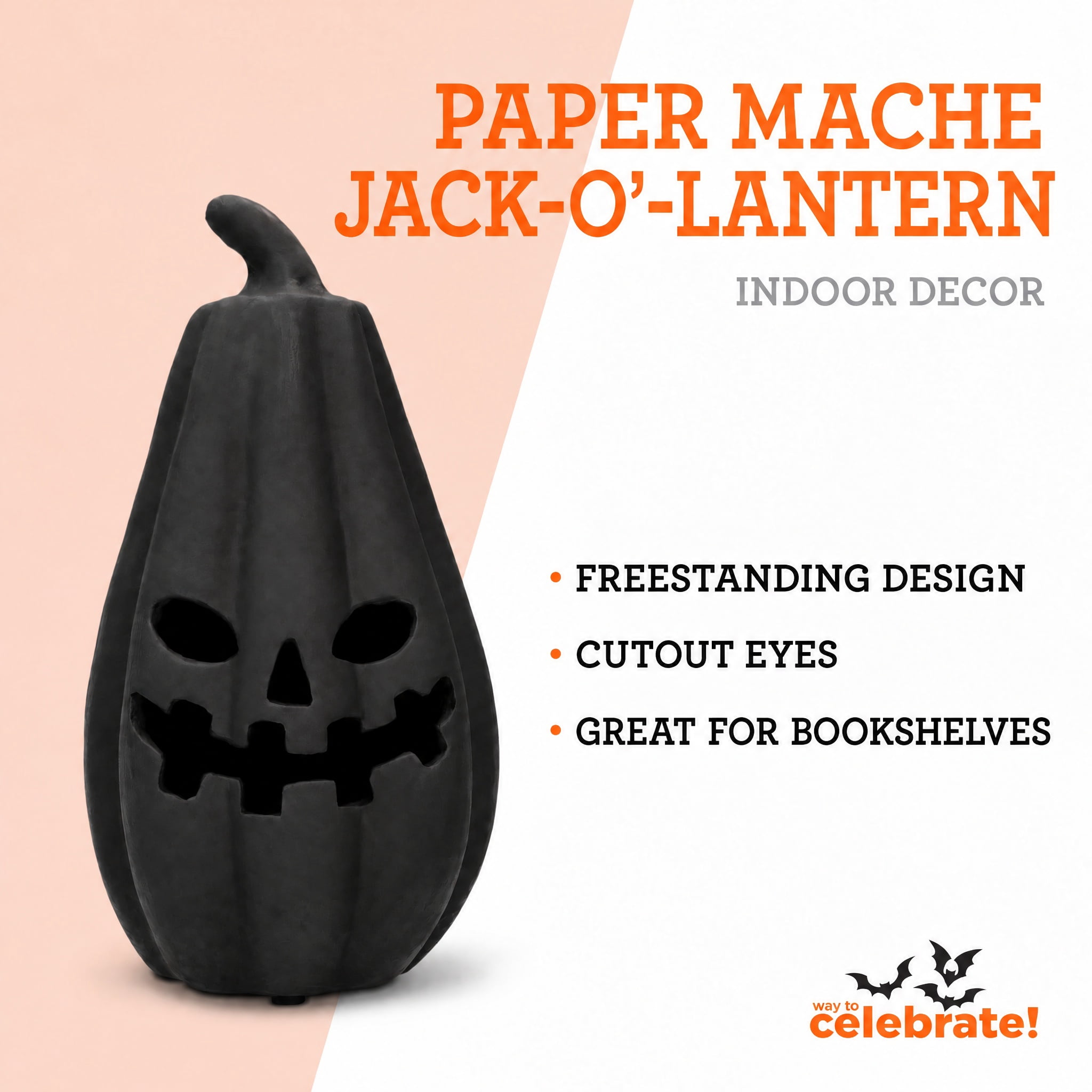 Paper Mache Jack-o'-Lantern Decoration, Black, 13.3", Halloween by Way To Celebrate