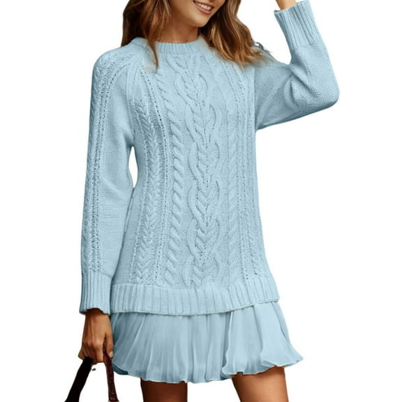 Women Cable Knit Sweater Dress Crewneck Long Sleeve Pleated Mini Dress Twofer Style Patchwork Dress L