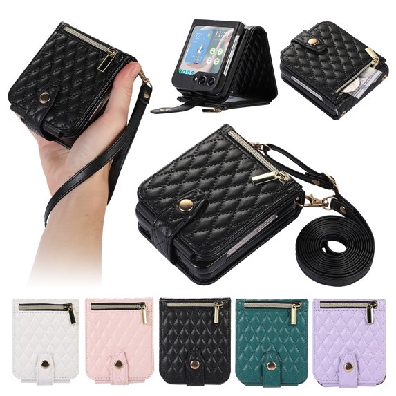 SaniMore for Samsung Galaxy Z Flip 5 (6.7" 2023) Case, PU Leather Zipper Cash Pocket, Crossbody Lanyard for Girls Women Card Slots, Stylish Shockproof Anti-drop Shell, Black