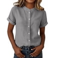 thumbnail image 5 of hotojiny Women Button Down Shirts Rolled Short Sleeve Cotton Linen Work Tops Loose Fit Crew Neck Business Casual Blouse, 5 of 7