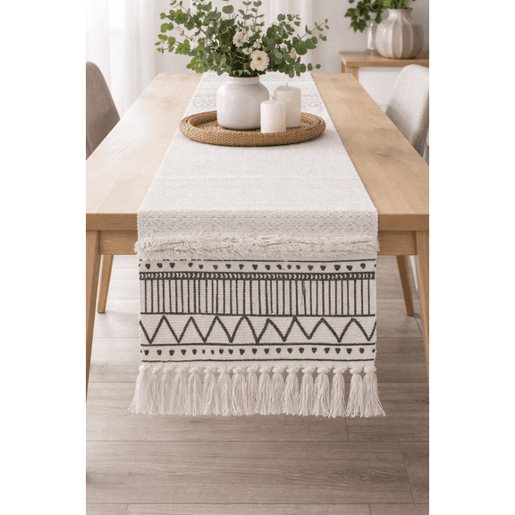 Ivory Boho Tribal Textured Table Runner with Tassels (14"x71" Table Runner)