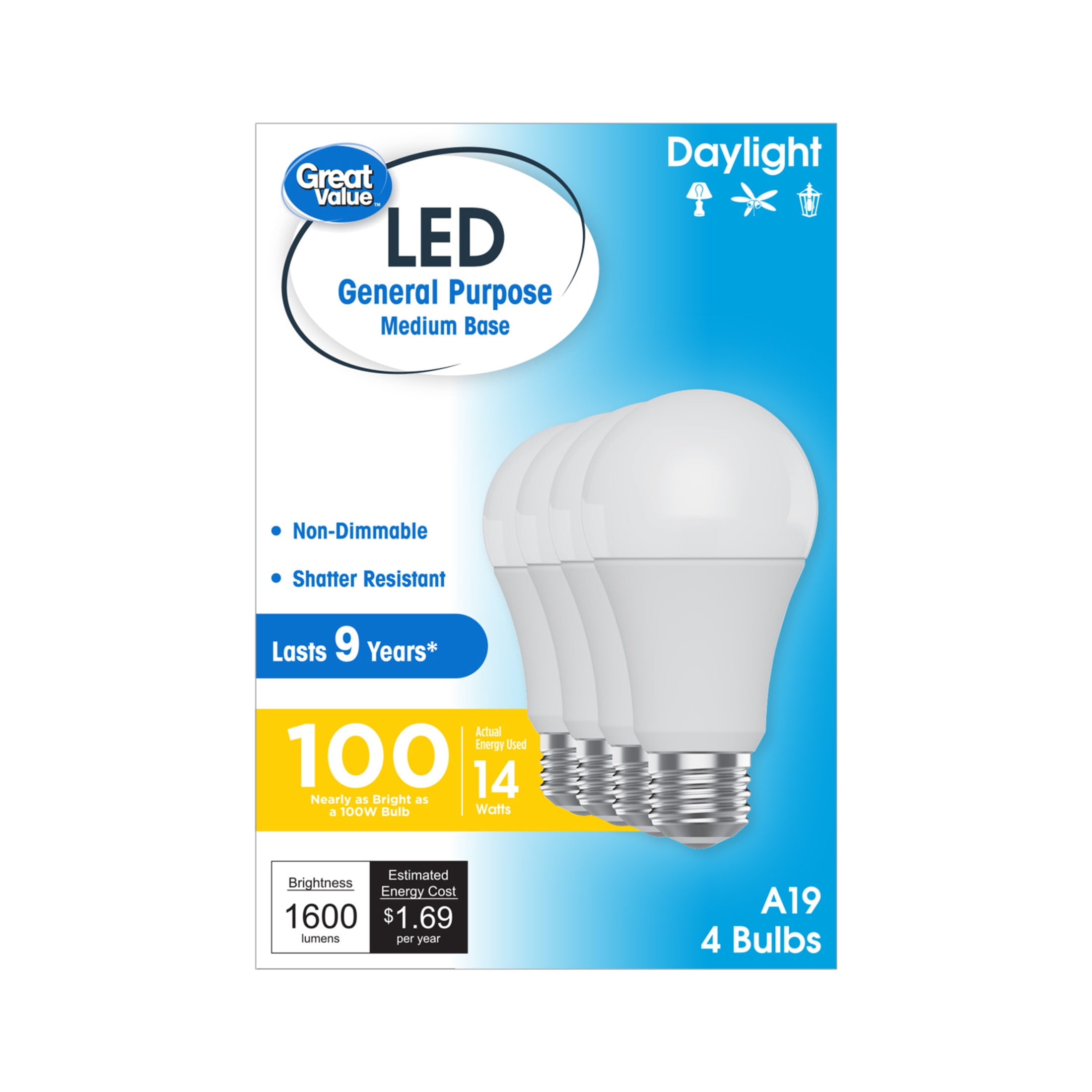 Great Value LED Light Bulb, Daylight, 100 Watt Eqv, A19 General Purpose, E26 Medium Base, 9yr, 4 Pack
