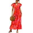 thumbnail image 3 of Uhndy Women Boho Beach Dress Short Sleeve V-Neck Vintage Fashion Empire Waist Floral Printed Tiered Maxi Dress rose S, 3 of 4