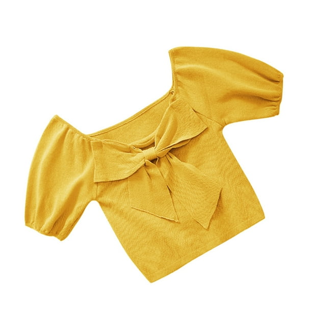Qarigey Camisa de punto Bowknot Camiseta de color sólido Manga corta Top fino de verano Prendas para la parte del cuerpo Amarillo
