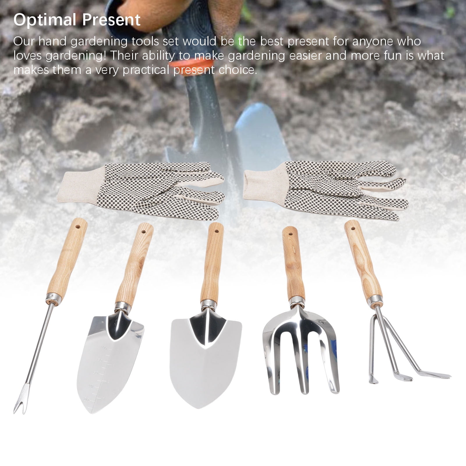 NFTIGB 7-Piece Garden Tools Set with Wooden Handle, Stainless Steel Shovel, Trowel, Weed Puller, Hand Fork, Rake and Canvas Gloves for Vegetable Flower Planting (12.6 in / 32 cm)