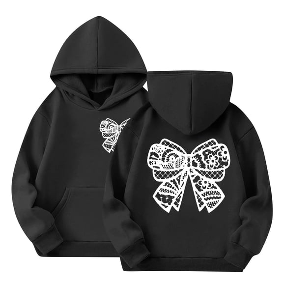 YunPes Girls Long Sleeve Hooded Sweatshirt Bow Print Pullovers Back to School Kids Graphic Hoodie with Kangaroo Pocket