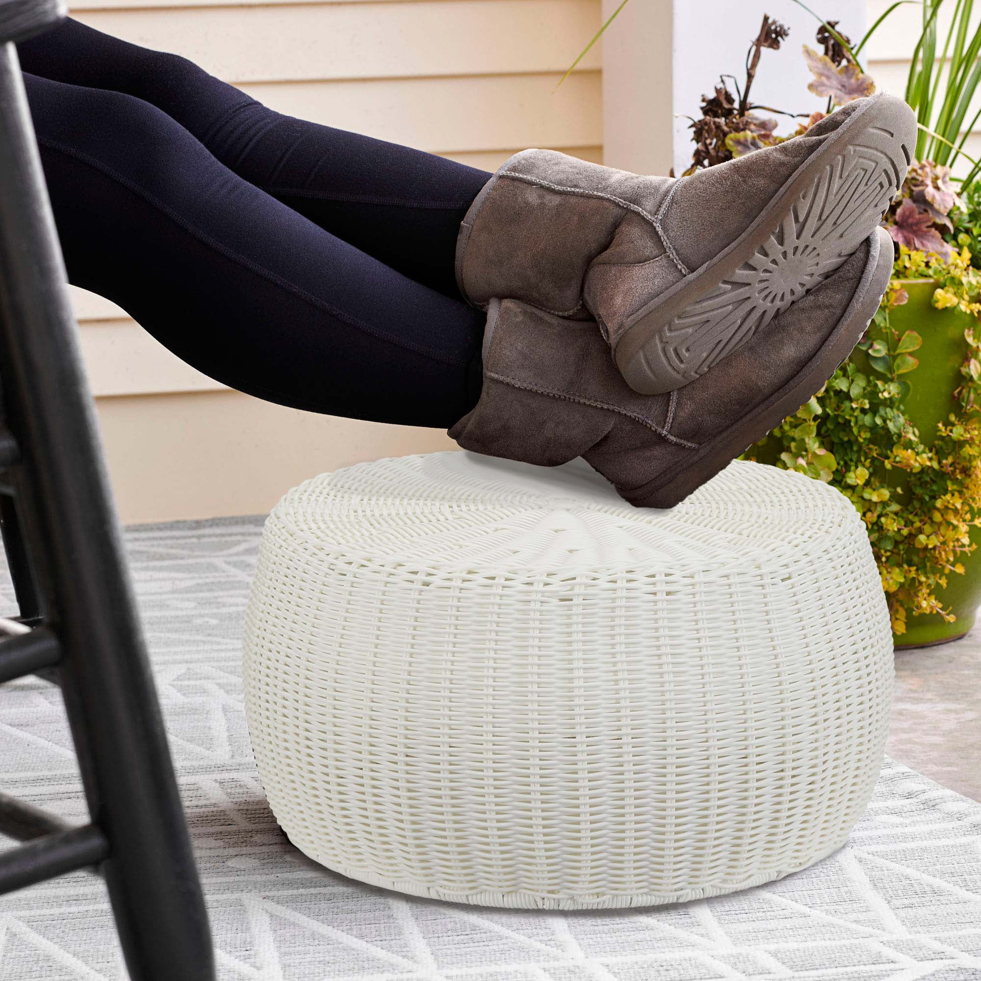 Household Essentials Round Resin Wicker Ottoman Table in White