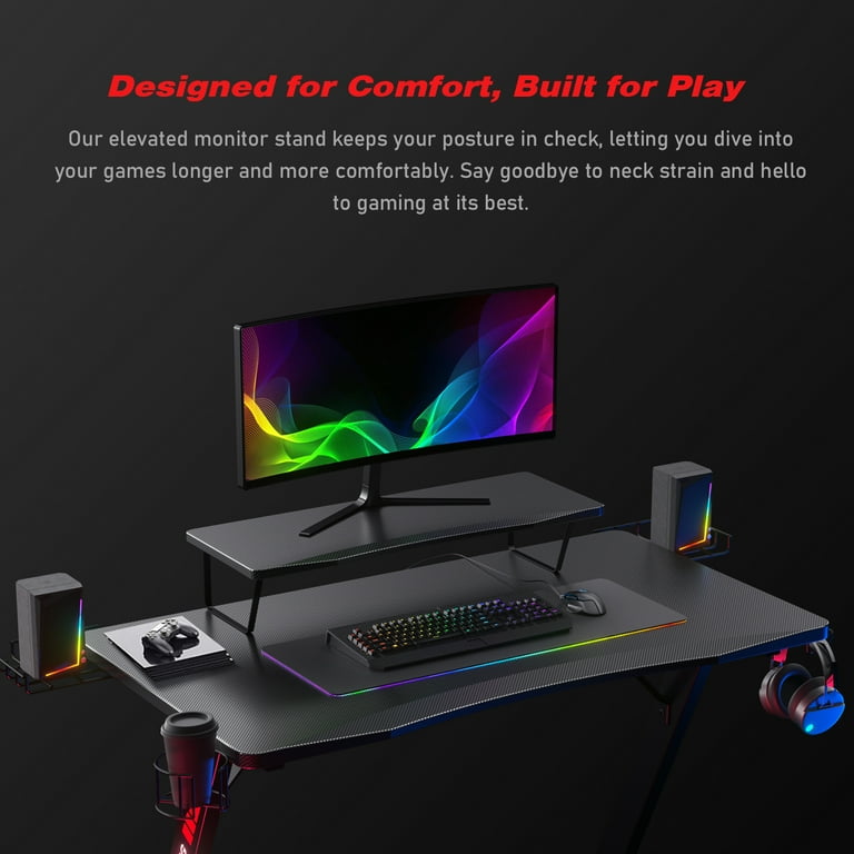 GTRACING Ergonomic Curved 3 Sided LED Z Leg Gaming Desk Black Size 78.7 in x 39.4 in 63 in x 31.5 in