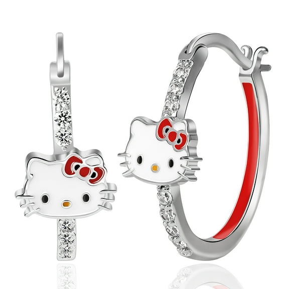 Sanrio Hello Kitty Enamel Hoop Earrings, Fashion Jewelry, Rhodium Plated Brass Gift Box,15, 2 Pack