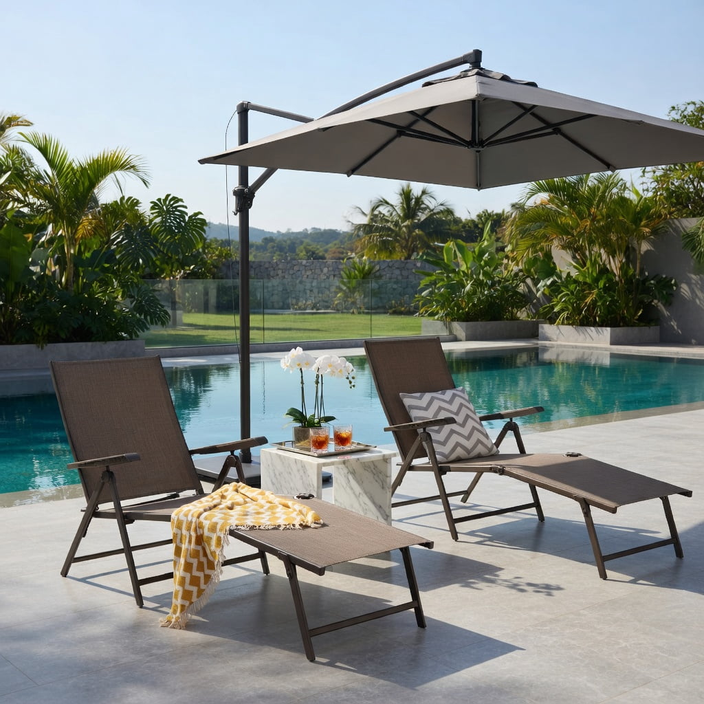 Hommoo 2-Pack Foldable Chaise Lounge Chair with 5-Position Reclining Backrest & 2-Position Adjustable Footrest, Steel Frame Outdoor Patio Lounger, Brown
