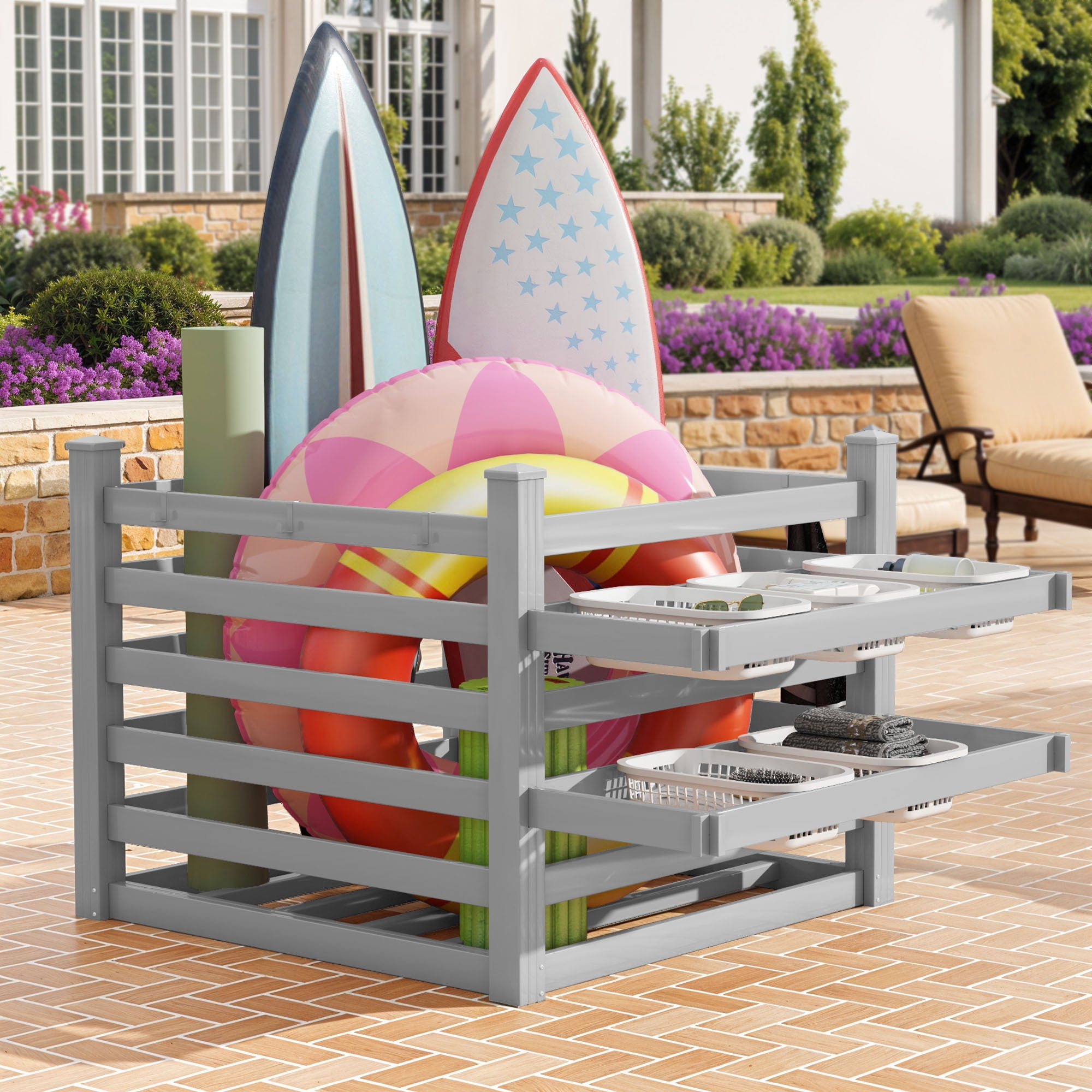 Uforic Pool Storage Bin Gray 64"x46"x38" Resin Deck Box with 6 Movable Hooks for Poolside Towels Goggles and Accessories