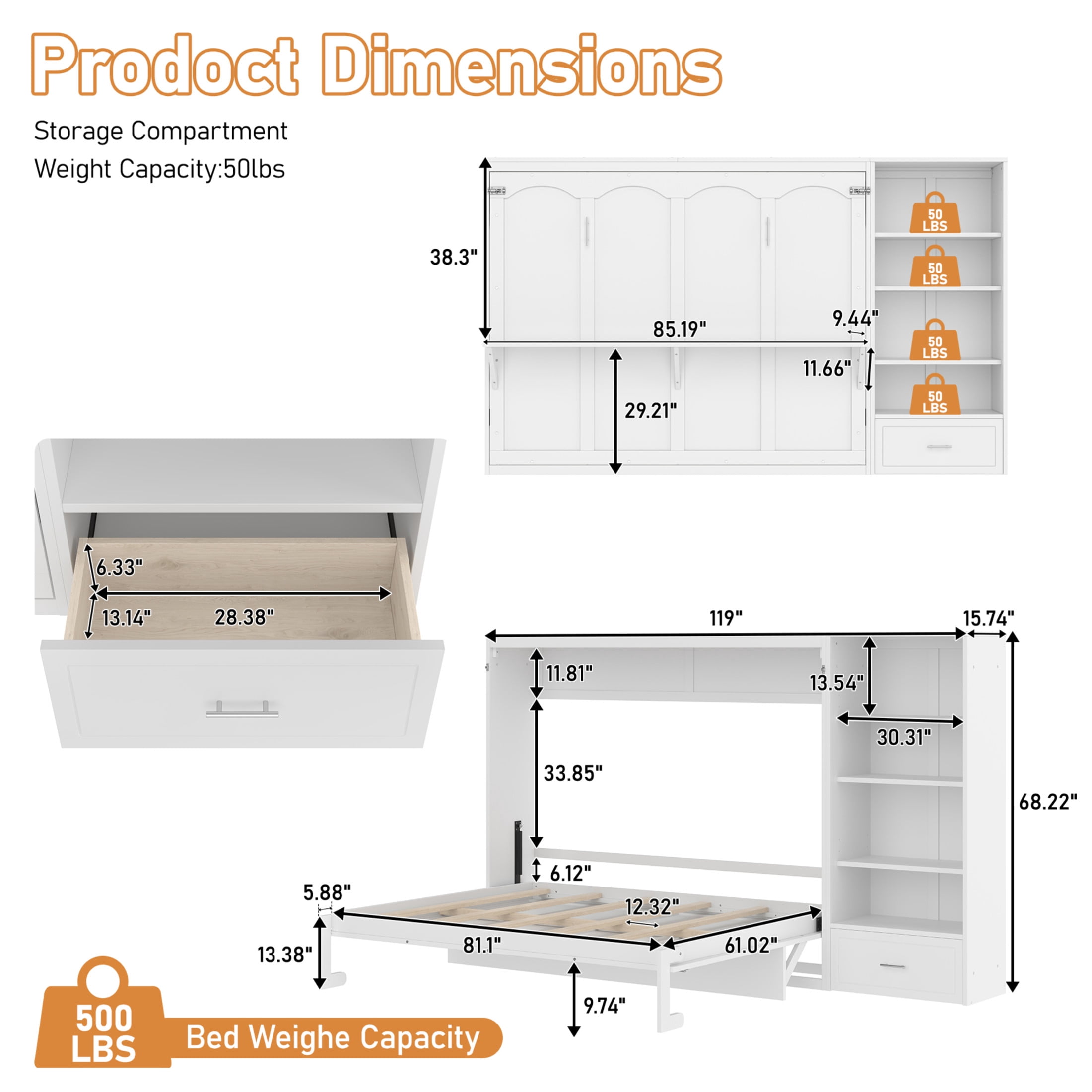 Noble House Queen Murphy Bed with Adjustable Storage Shelves and Drawer, Foldable Wall Bed Frame, White
