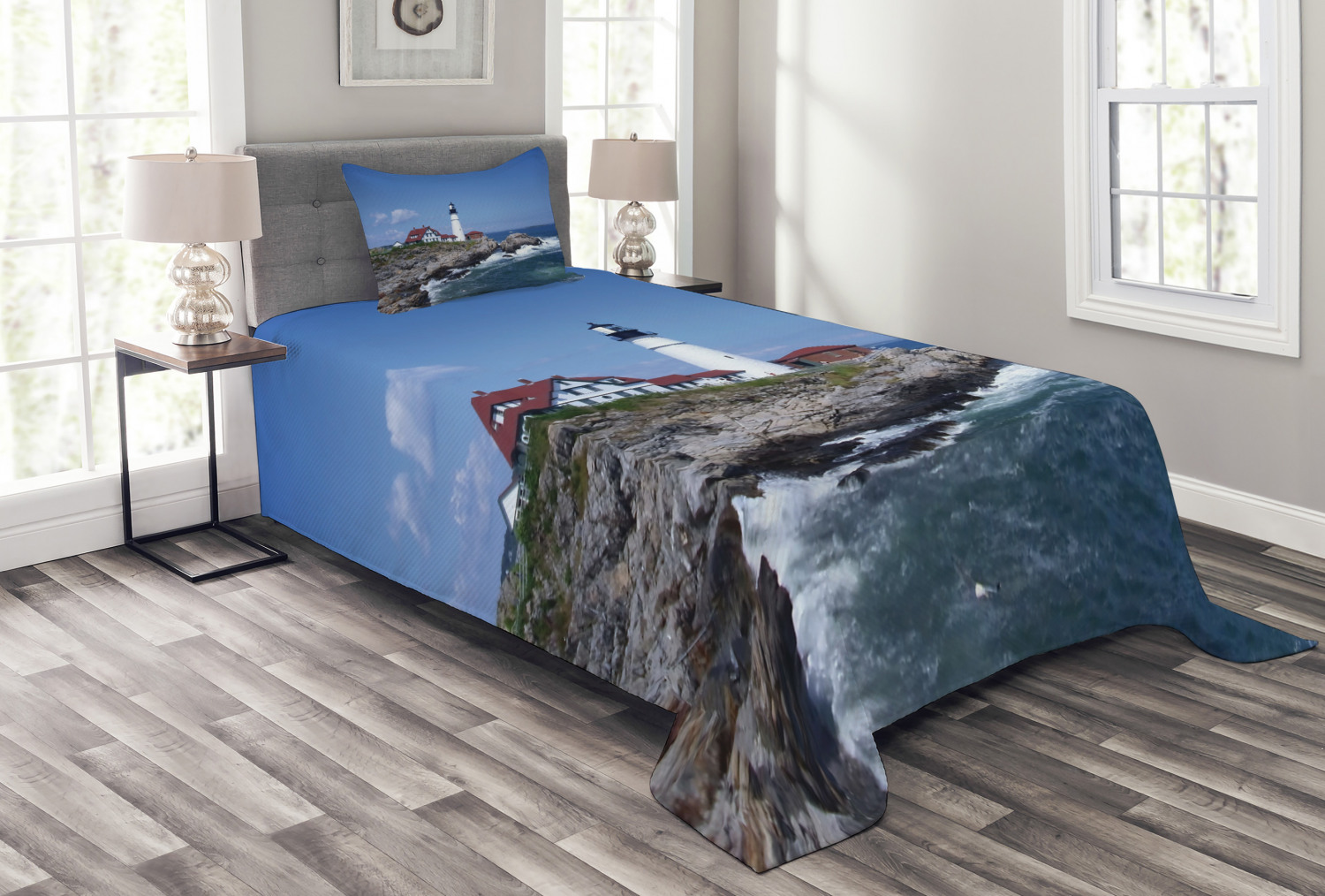 Landscape Bedspread, Marine Themed Photo with Lighthouse on Rocks and