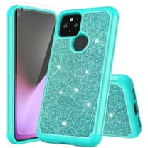 for Google Pixel 5 with Temper Glass Phone Case Glitter Shock proof Edge Scratch Shield Hybrid Layers Slim Bumper Cover (Teal)