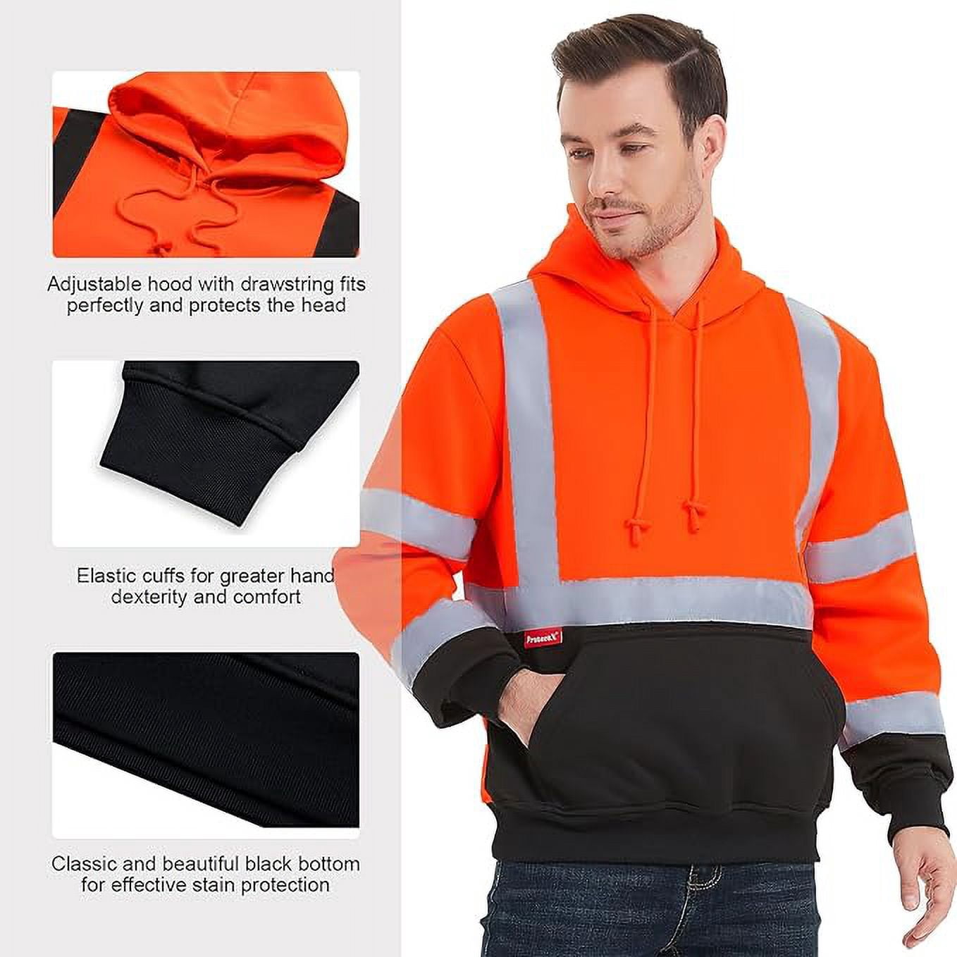 ProtectX Hi Vis Safety Hoodie for Men Women, Class 3 Reflective High Visibility Sweatshirt with Large Pocket, Long Sleeve Hooded Drawstring Pullover for Work & Construction, Orange, Medium