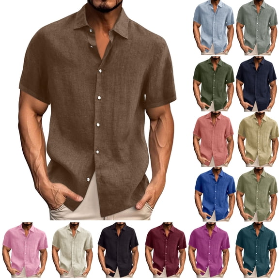 Mlkoz Linen Shirts for Men Collared Short Sleeve Casual Button Up Shirt Solid Color Beach Vacation Shirts with Pocket Summer Tops