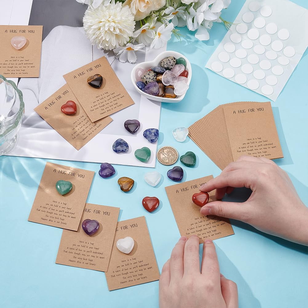 40Pcs Natural Stones Keepsake Exchange Relationship Cards Heart Love Stones Pocket Palm Stone with Round Dot Double Sided Tapes for Colleagues Family Distance Social Celebration Colorful DIY
