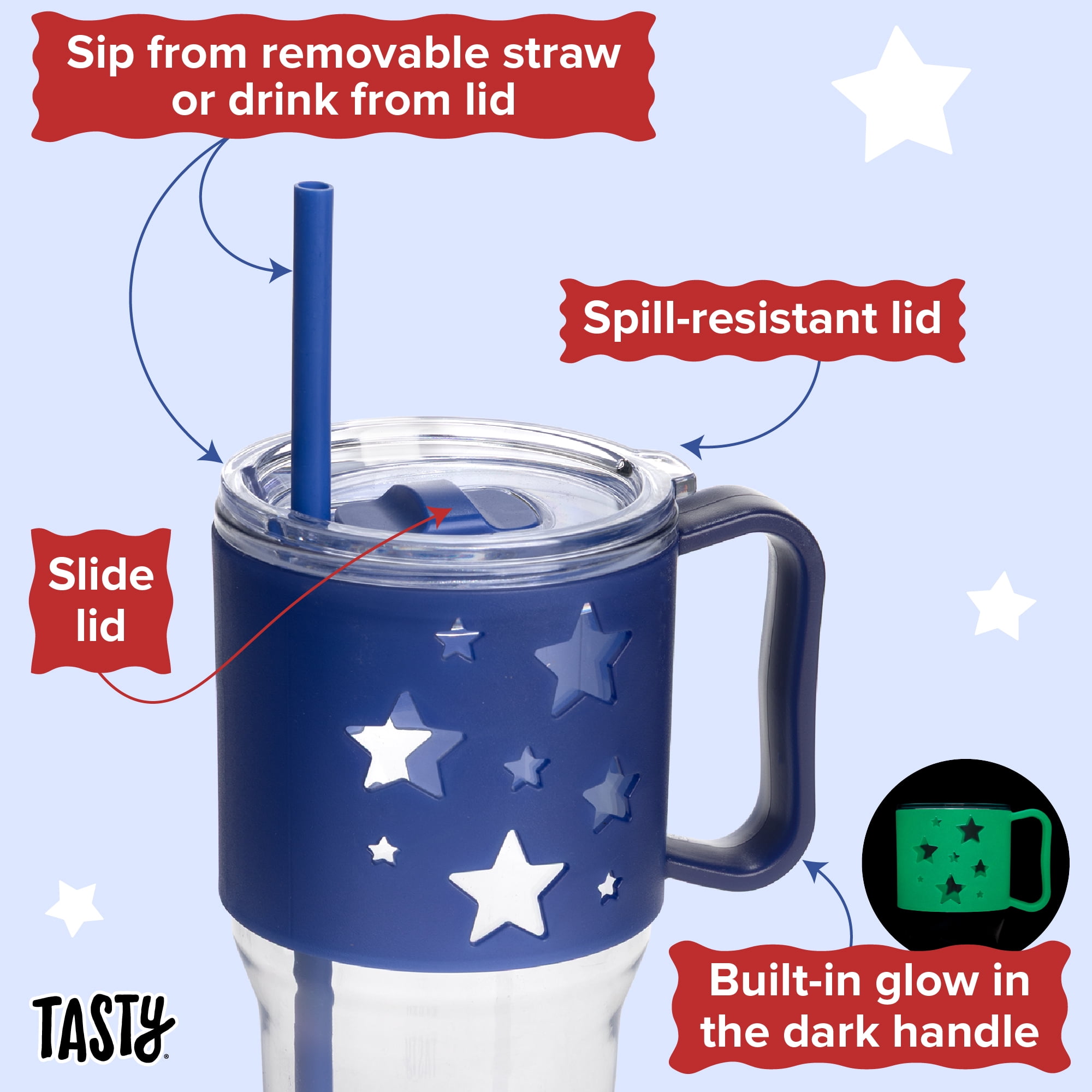 Tasty 40 oz Plastic Tumbler with Lid and Straw, Glow-in-the-Dark Handle, Stars Design, Royal Blue