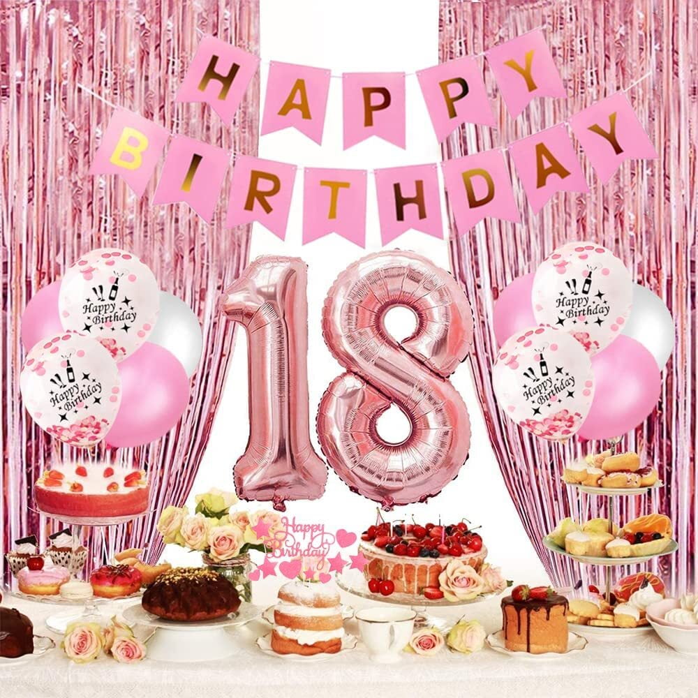 YANSION Pink Birthday Party Decorations Set with Happy Birthday Banner,Pink  Foil Fringe Curtain and Tablecloth, Pink White Latex Balloons Confetti  Balloons for Birthday Party Supplies 