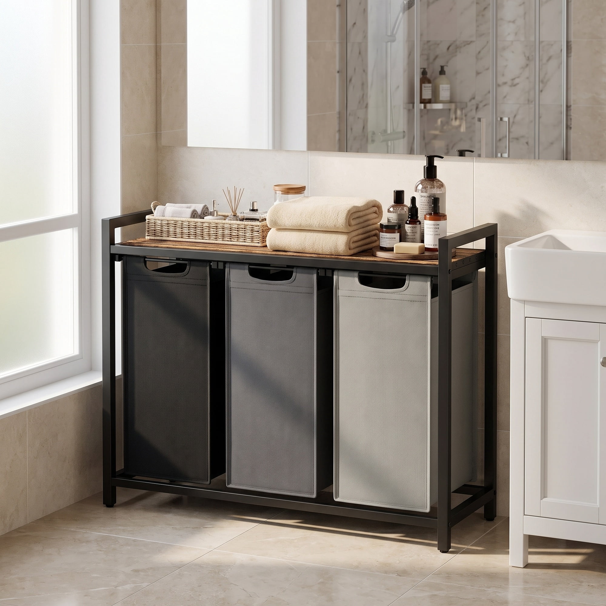 Ledrem 3-Bag Laundry Sorter Hamper with Pull-Out Bags and Shelf, Tricolor and Rustic Brown