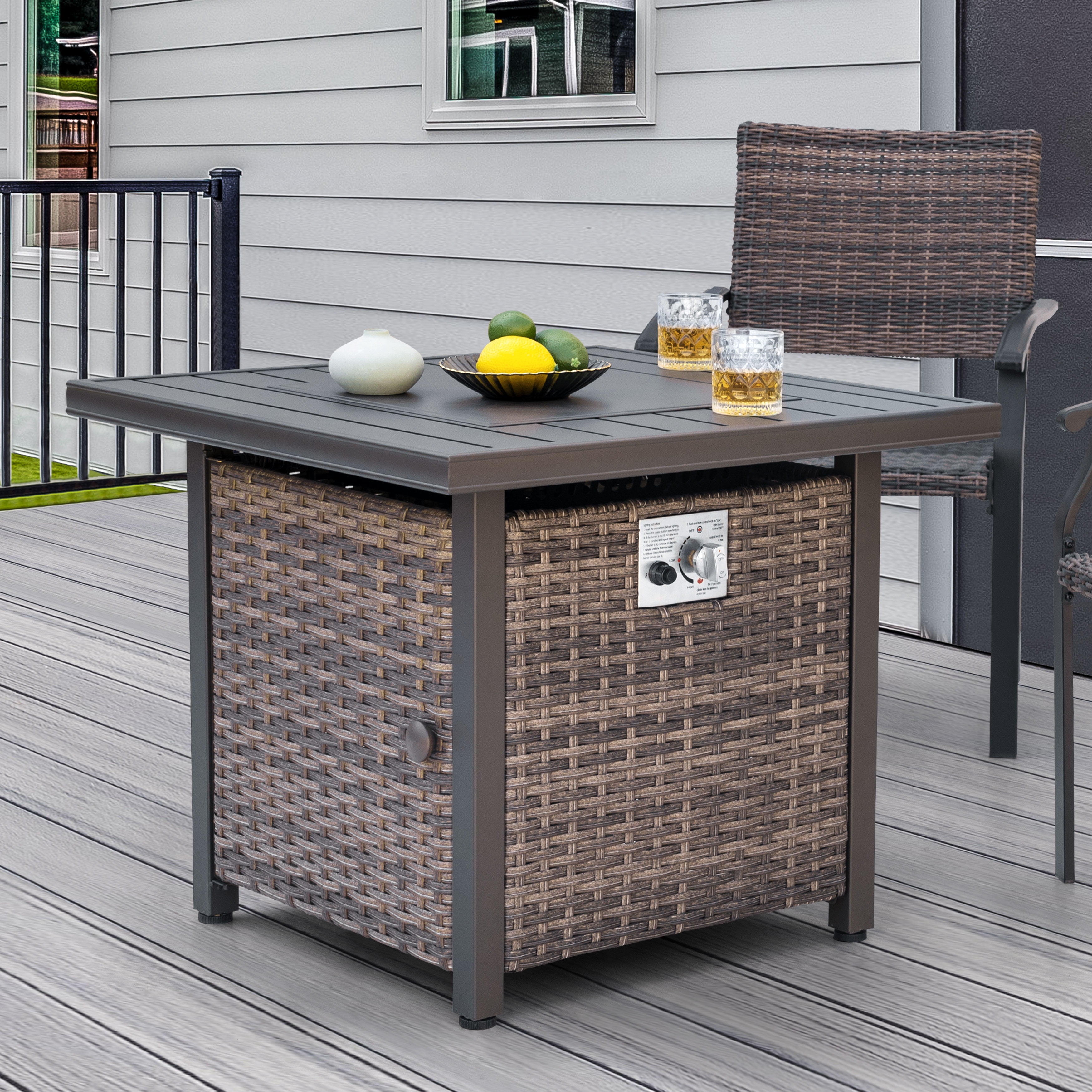 Nuu Garden 30 inch Outdoor Propane Fire Pit 50,000 BTU Gas Fire Pit Table with Lid, Hand-Woven Wicker, Square Gas Fire Pit Table with Glass Beads for Garden, Patio, CSA Certification