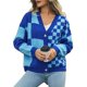 thumbnail image 3 of Cárdigan de Larga con Botones y Cuadros en Bloques de Color para Mujer, Suéteres de Punto A Cuadros, Ropa Y2K Azul S, 3 of 10