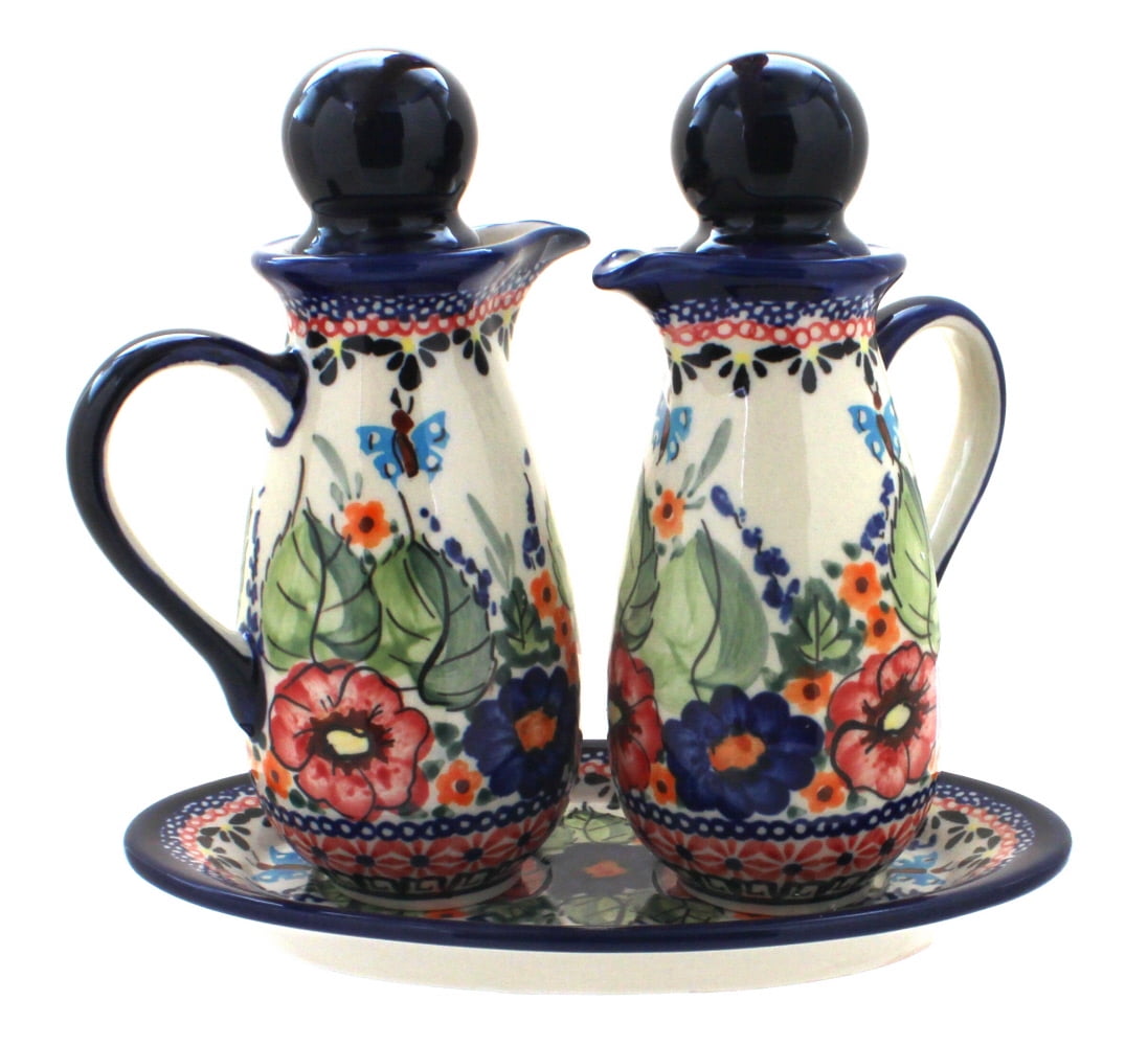 Traditional Polish Pottery V.401.BLUELACE Boleslawiec Style Pattern Handcrafted Ceramic Olive Oil or Vinegar Bottle 160ml 