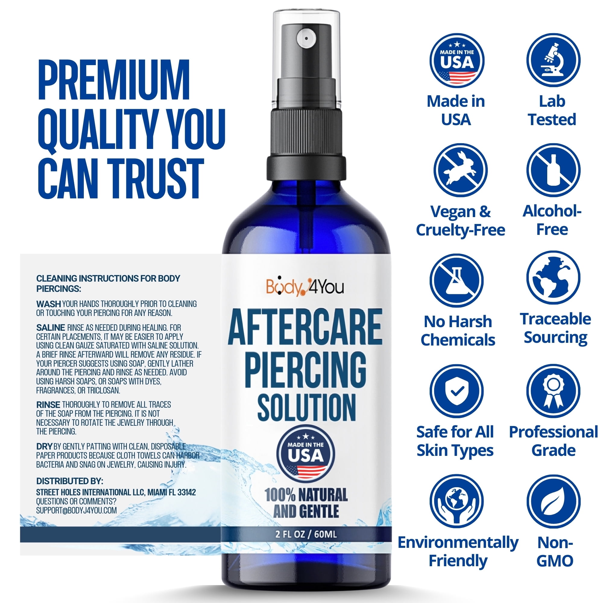 BodyJ4You Piercing Aftercare Spray - Saline Solution Natural Keloid Bump Removal - Ear Piercing Cleaner Nose Septum Belly Button - Sea Salt Aloe Vera Rosemary - Fine Mist 2 fl oz (Pack of 1)