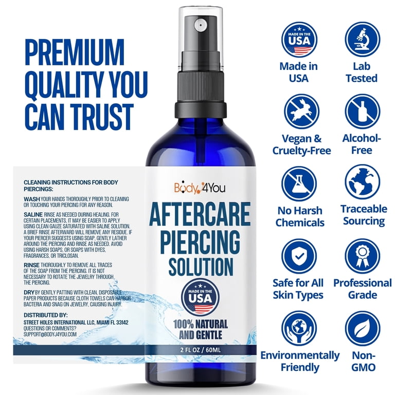 BodyJ4You Piercing Aftercare Spray - Saline Solution Natural Keloid Bump  Removal - Ear Piercing Cleaner Nose Septum Belly Button - Sea Salt Aloe  Vera ...