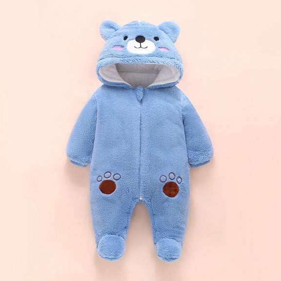 Baby Boy Onesies Newborn Bear Fleece Snowsuit Hooded Winter Jumpsuit Baby Rompers Girl Blue 0-3 Months