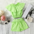 thumbnail image 4 of Odeerbi Baby Boy Girl Clothes Toddler Outfit 2025 Fashion Cute Solid Color Off Shoulder Ruffles Top Bow Shorts Suit Green, 4 of 9